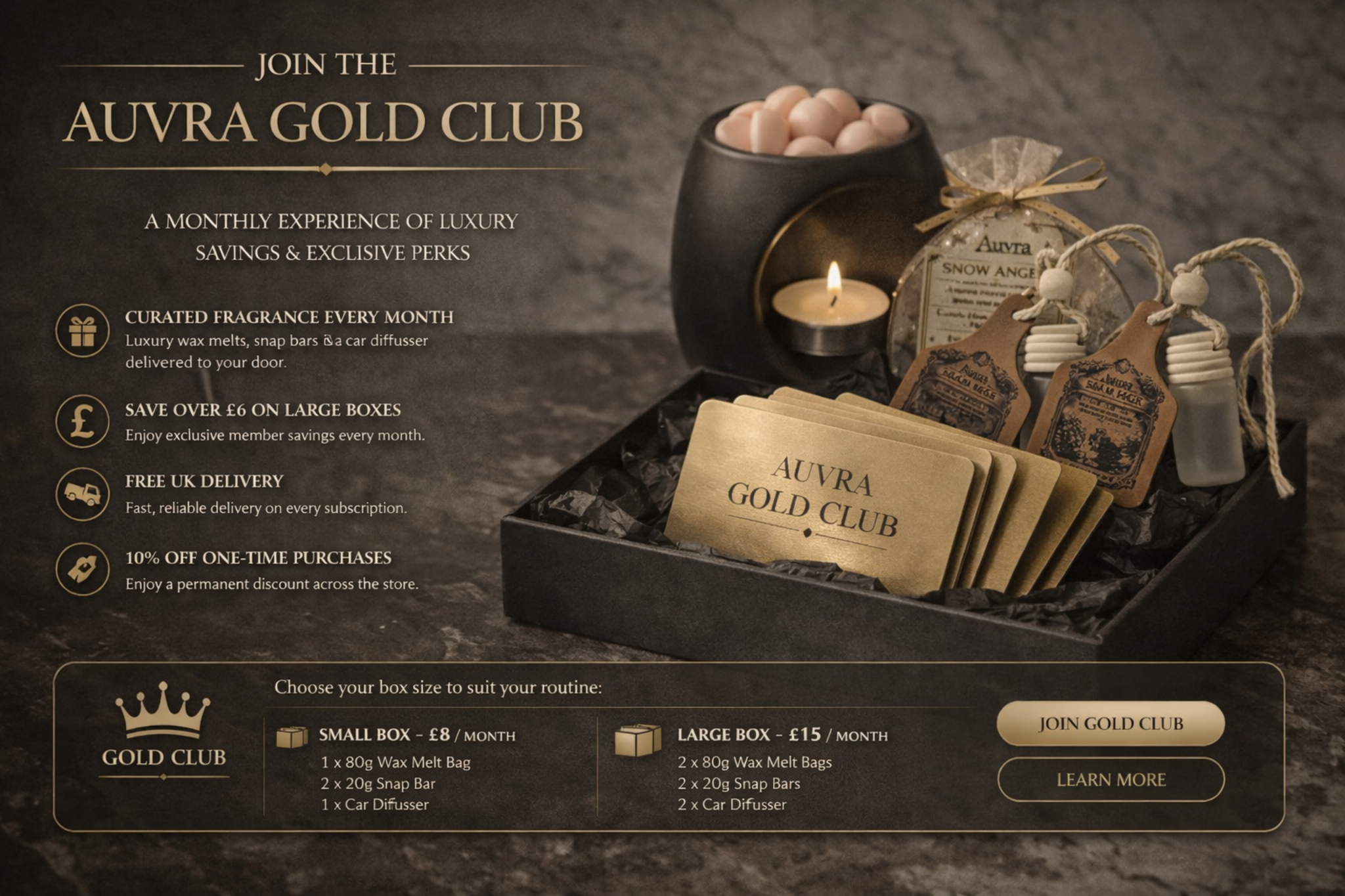 Auvra Gold Club subscription boxes for wax melts and car diffusers